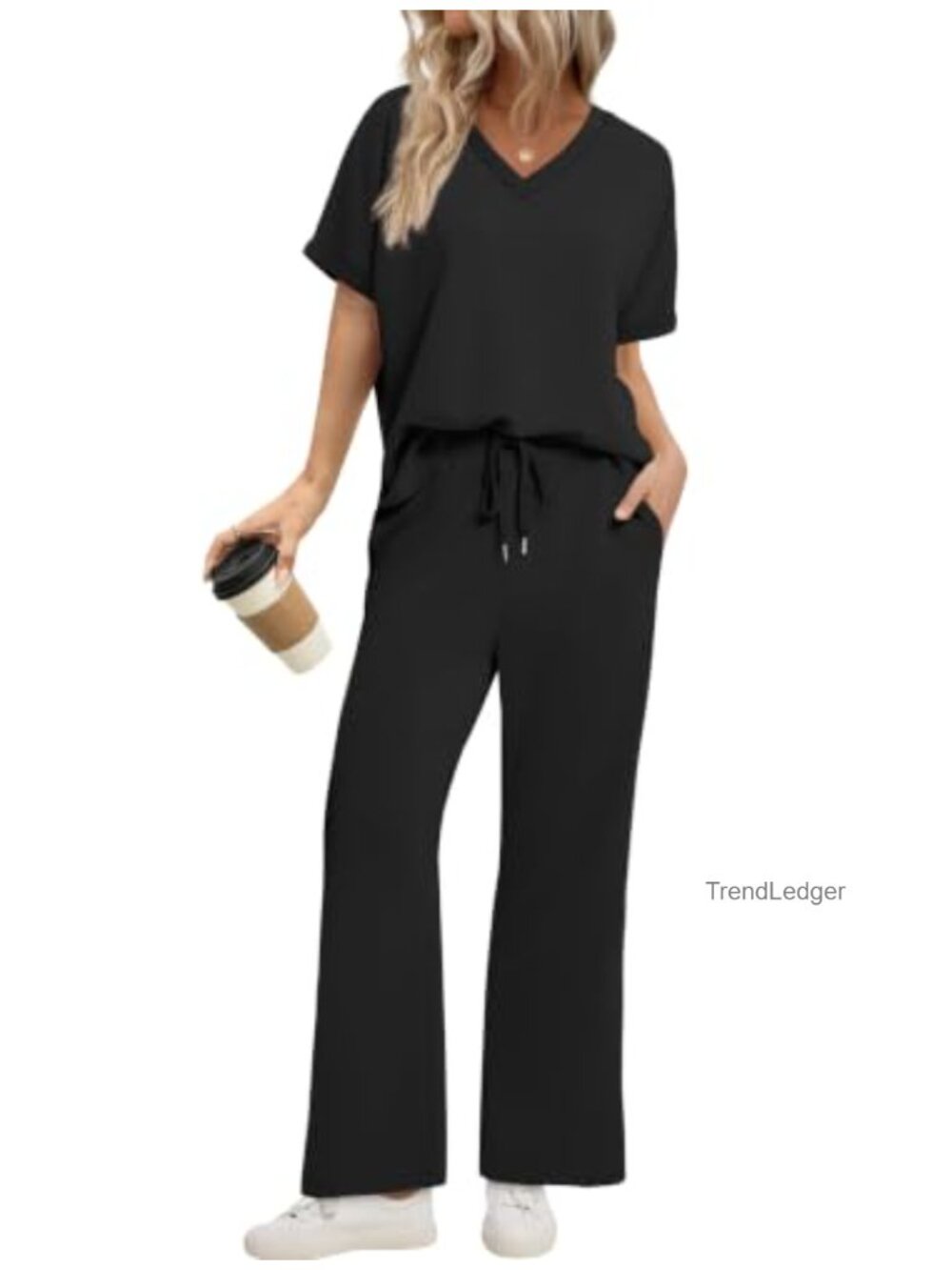 Sampeel Women 2 Piece Lounge Set V Neck Wide Leg Pants Tops Vacation